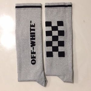Off-White Silver Sparkle Crew Socks with Black Logo & Checker